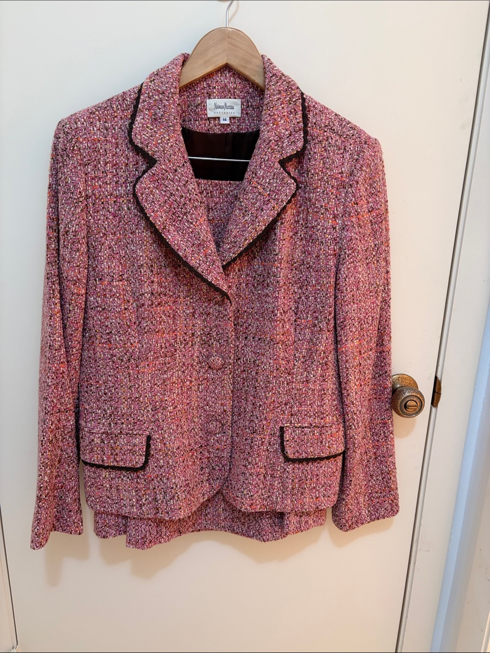 Neiman Marcus Rose Pink Tweed Blazer with Brown Trim and Flared Skirt